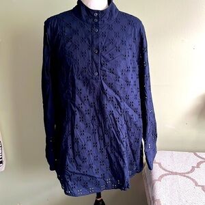 Soft Surroundings navy blue button down eyelet shirt
